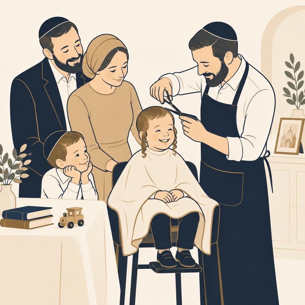 איור קווי מעודן של ילד שמח בתספורת החאלאקה הראשונה בבית