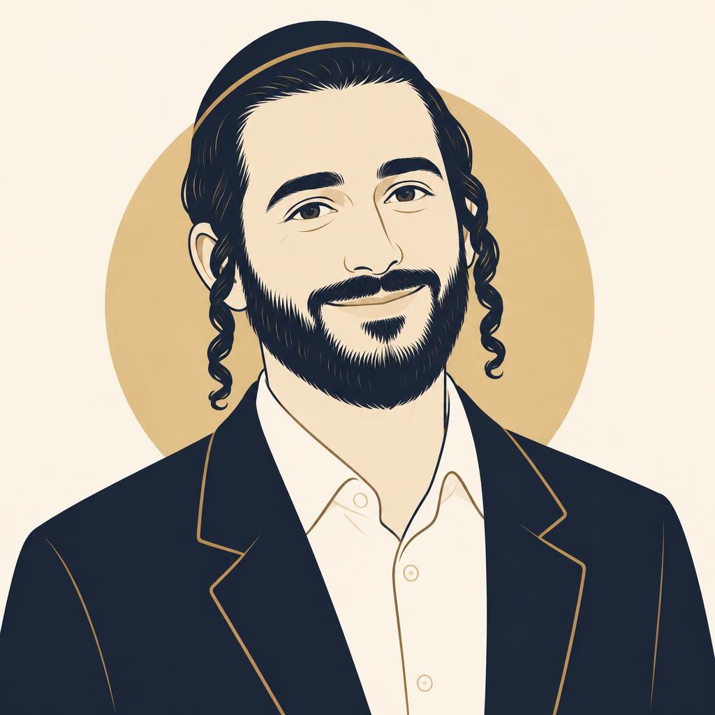 איור קווי מעודן של גבר מחייך עם כיפה, פאות מסודרות וזקן מטופח